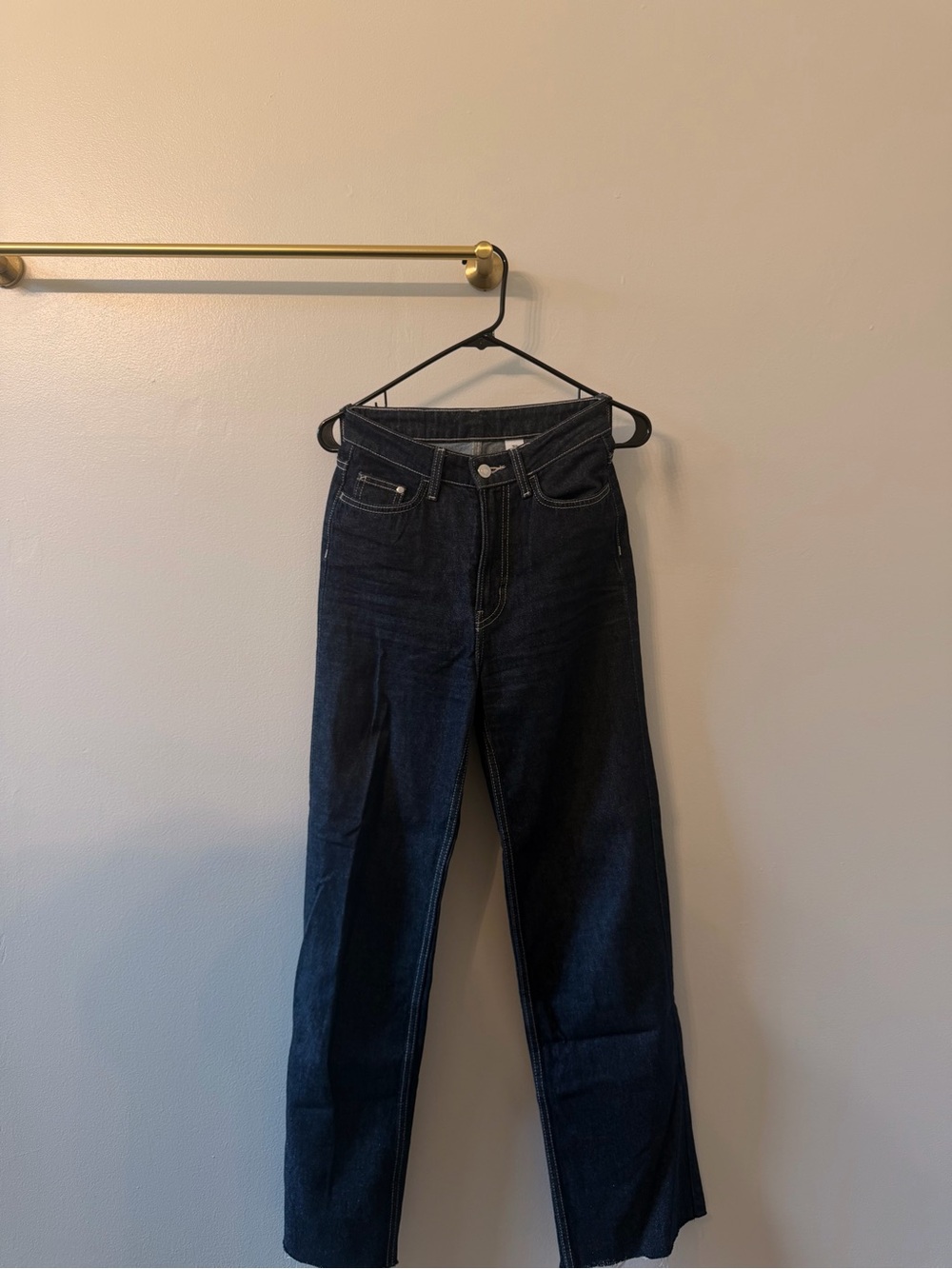 Dark Indigo High-Rise Straight Jeans with Frayed Hem